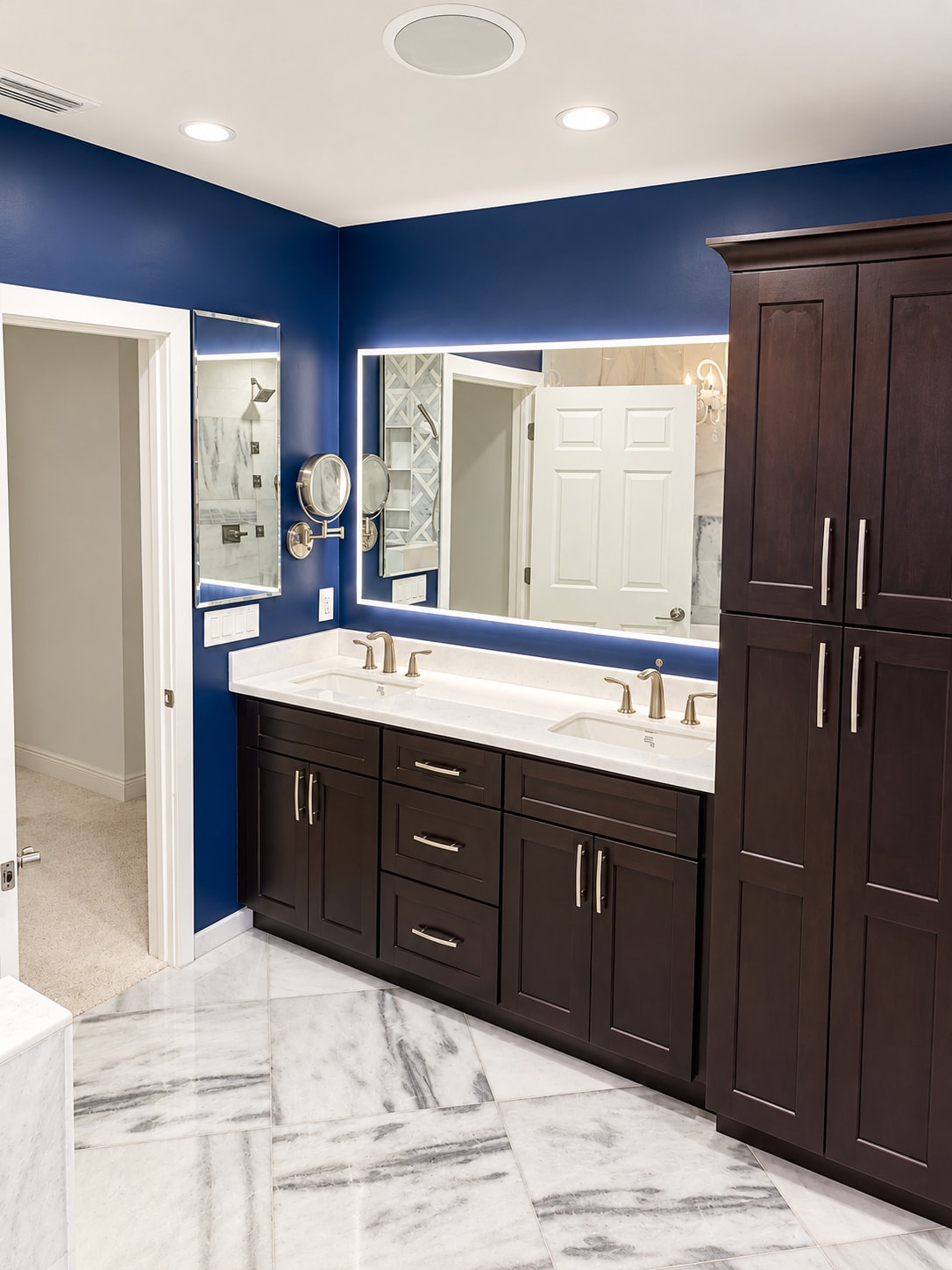 Modern bathroom double vanity navy walls