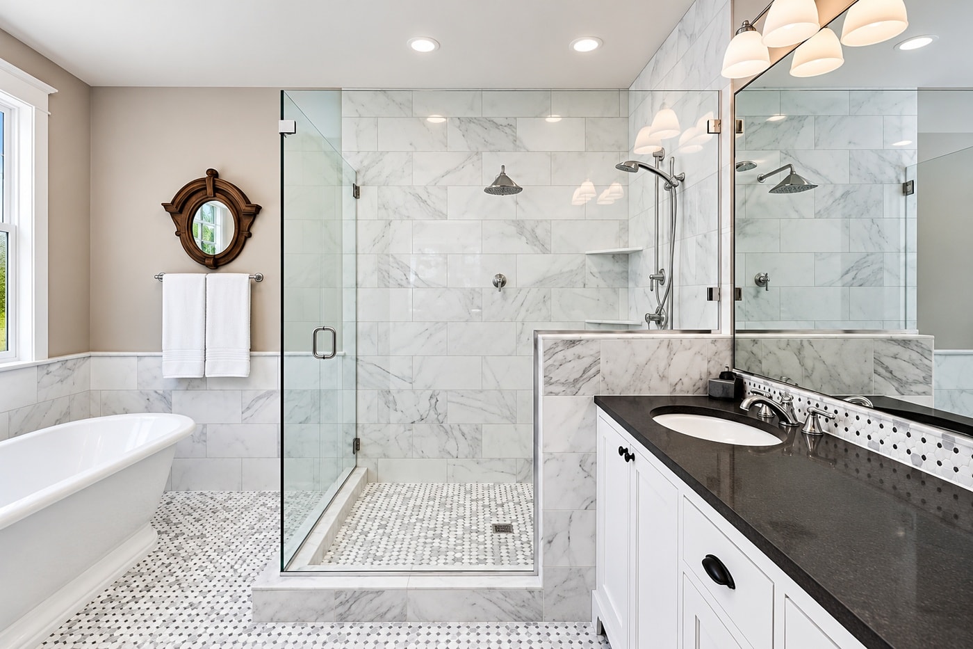 Modern marble bathroom with glass shower