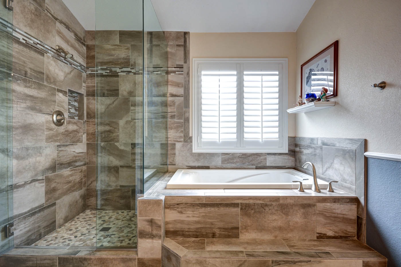 Modern bathroom with soaking tub and shower