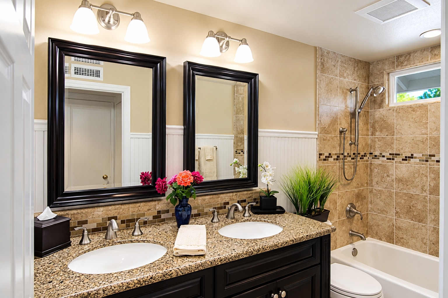 Modern bathroom with dual sinks and mirrors