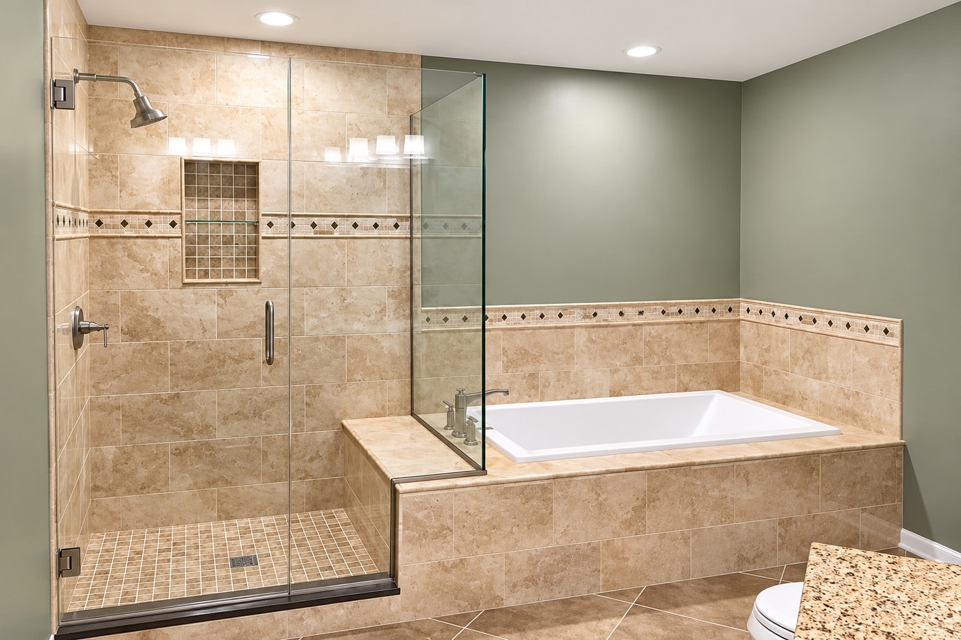 Modern bathroom with walk-in shower and soaking tub