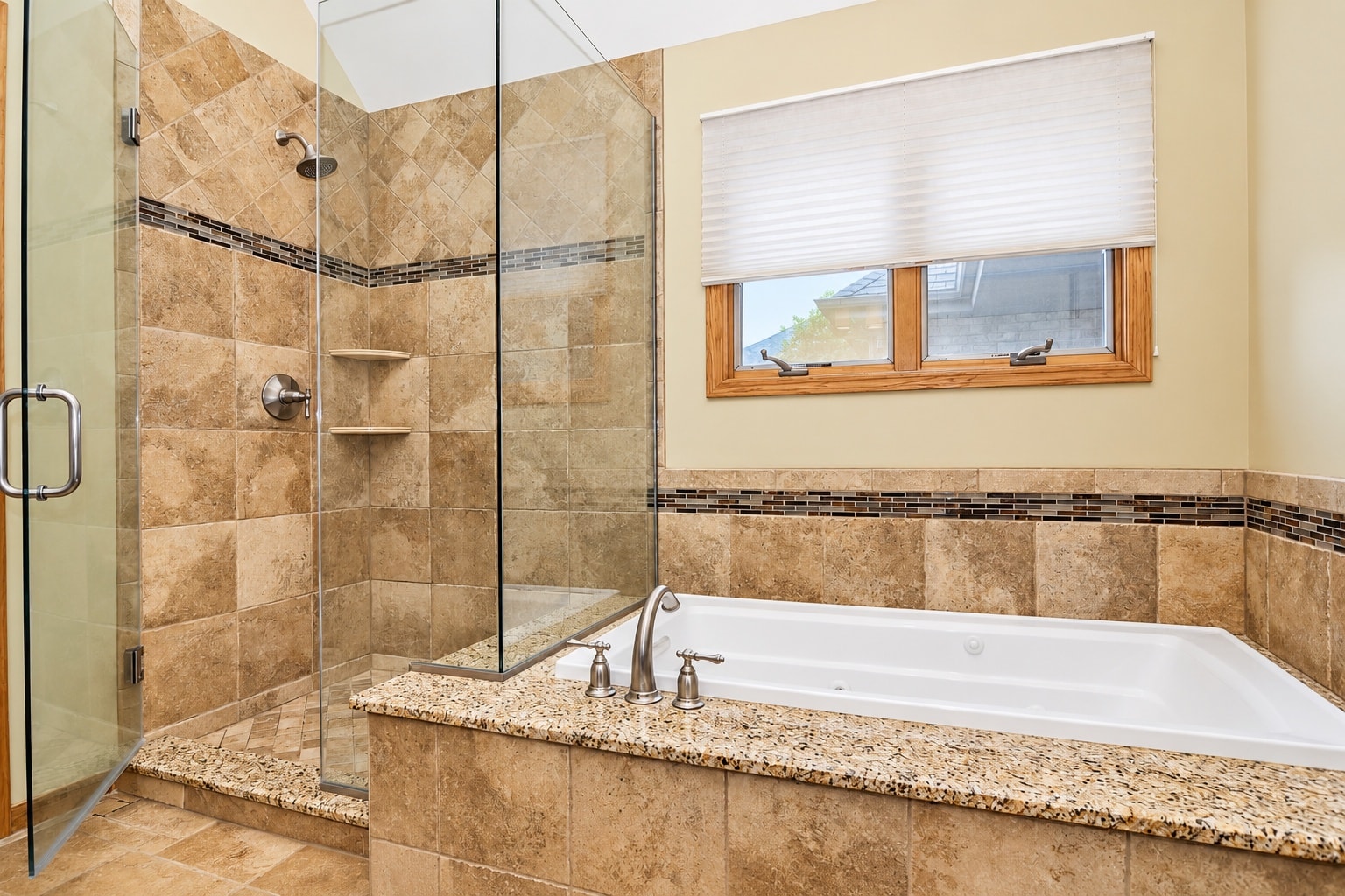 Modern bathroom with glass shower and soaking tub