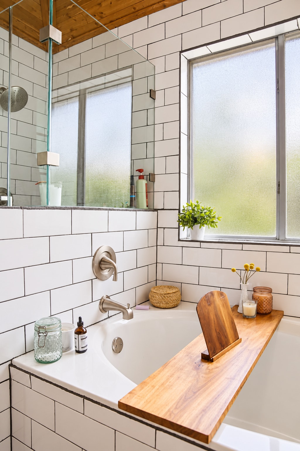 Modern bathroom with white subway tile sink
