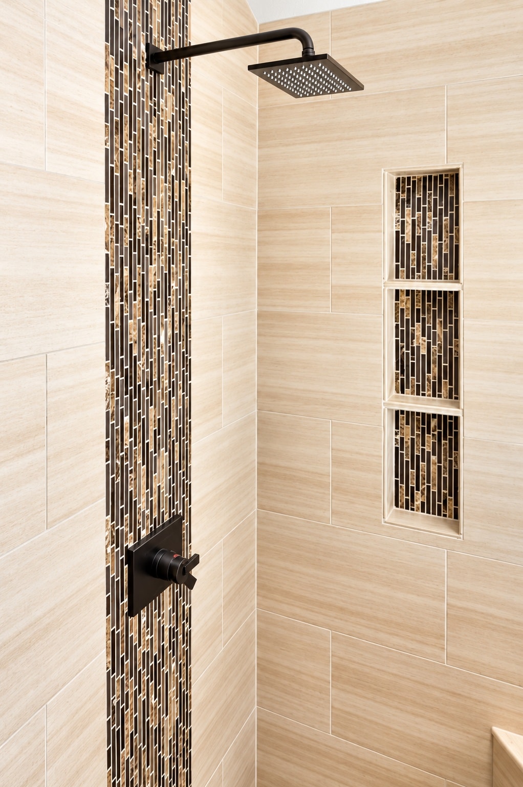 Modern bathroom shower with black fixtures