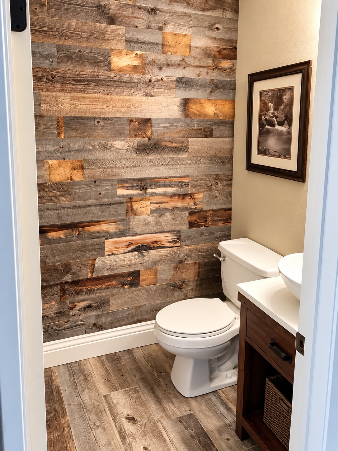 Rustic bathroom with reclaimed wood accent wall