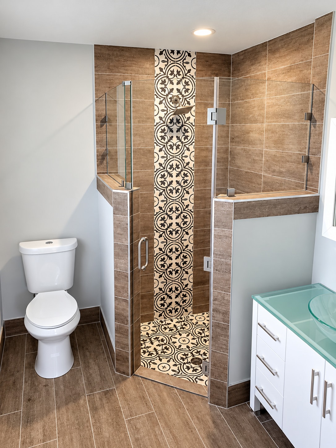 Modern bathroom with walk-in shower enclosure