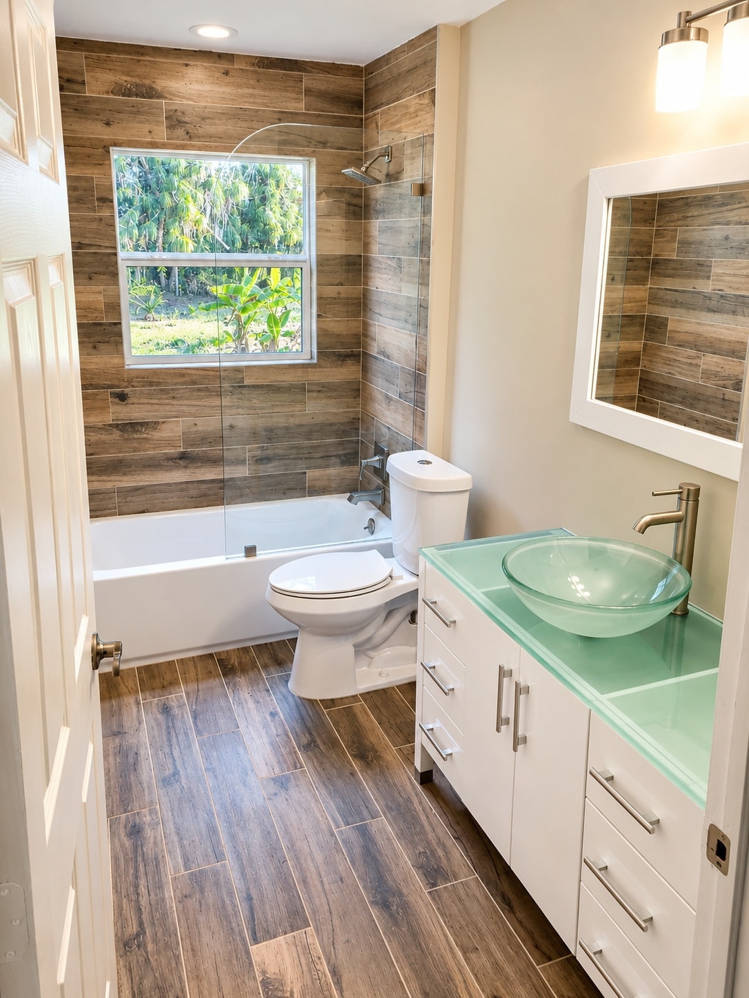 Modern bathroom with wood tile shower
