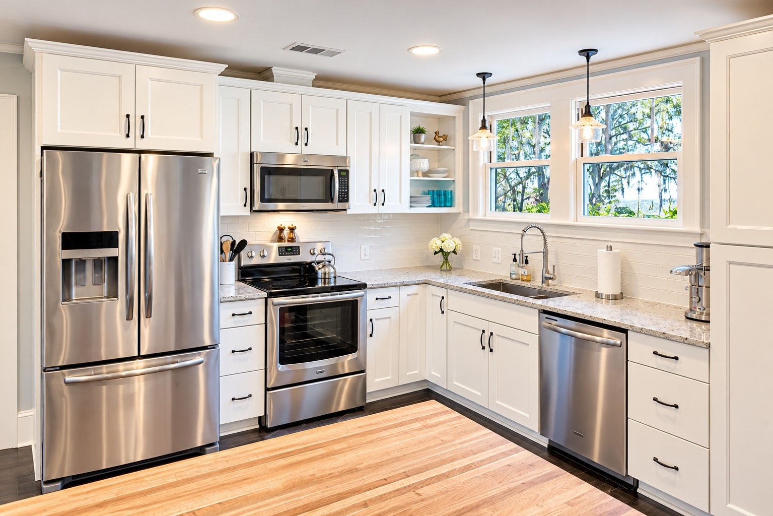 White shaker kitchen with stainless appliances and hardwood floor