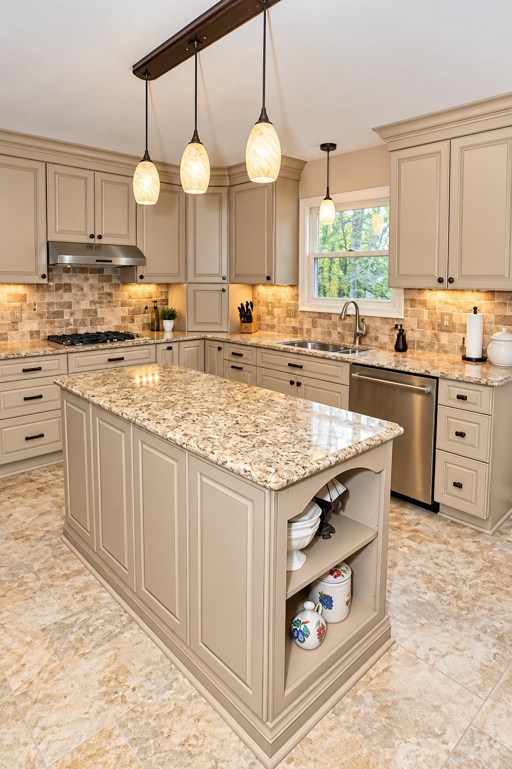 Taupe kitchen with granite island and pendant lights
