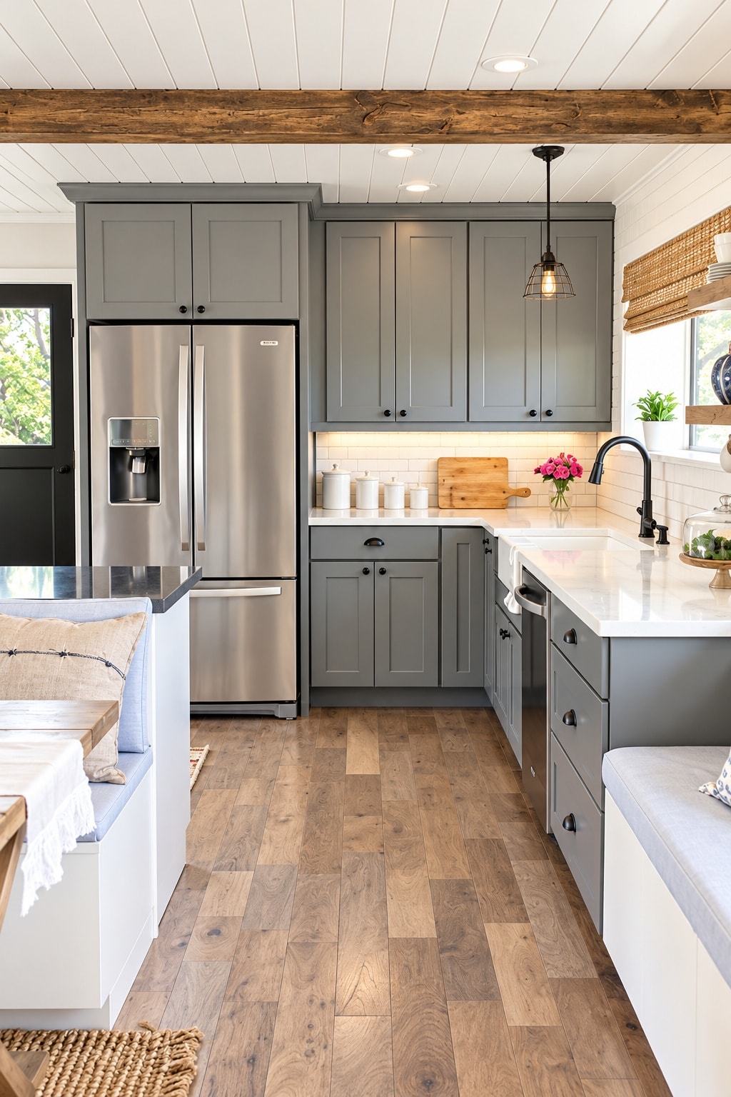 Gray shaker kitchen with white countertops and exposed beam