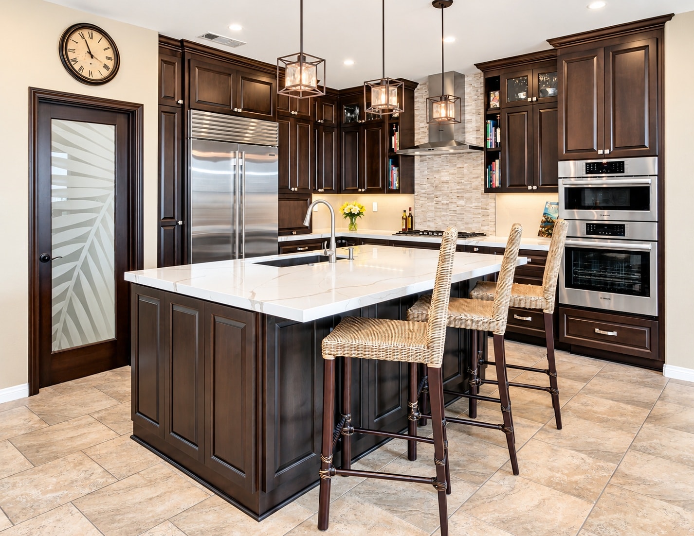 Dark espresso kitchen with marble island and wicker bar stools