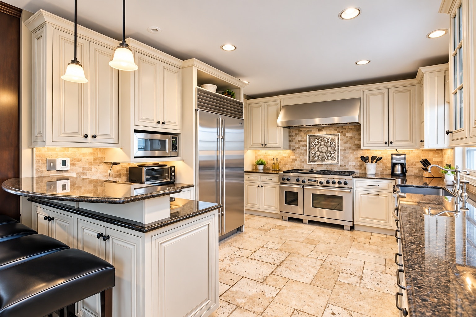 Cream kitchen with stone backsplash and professional range