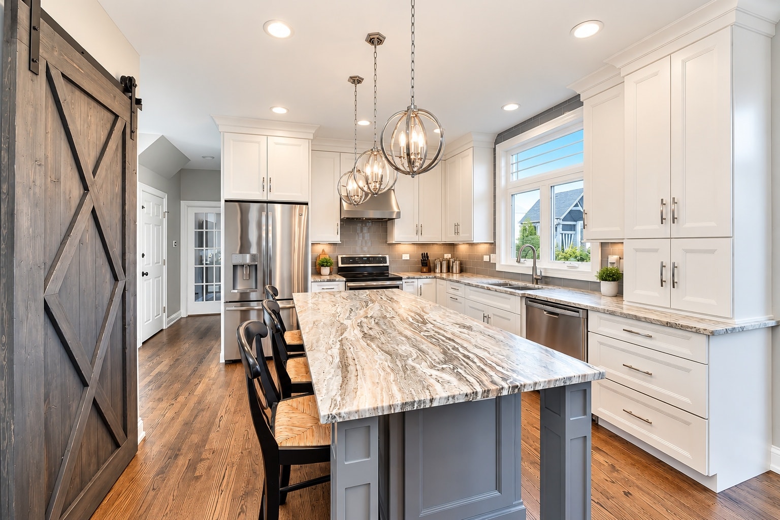 White kitchen with granite island and globe pendant lights
