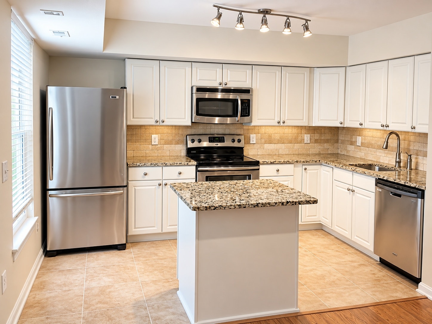 White kitchen with small granite island and track lighting
