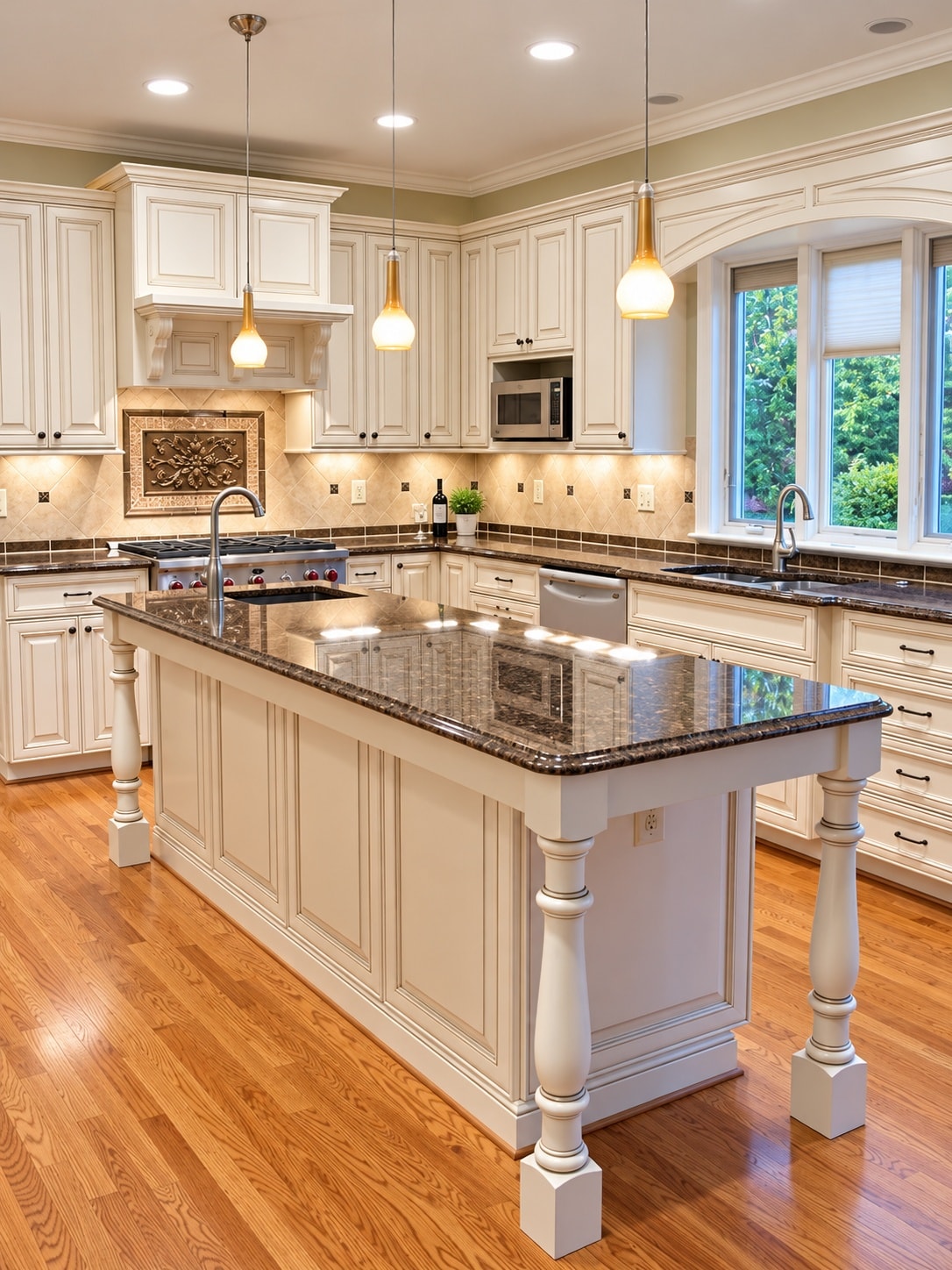 White kitchen with large island and decorative pendant lights