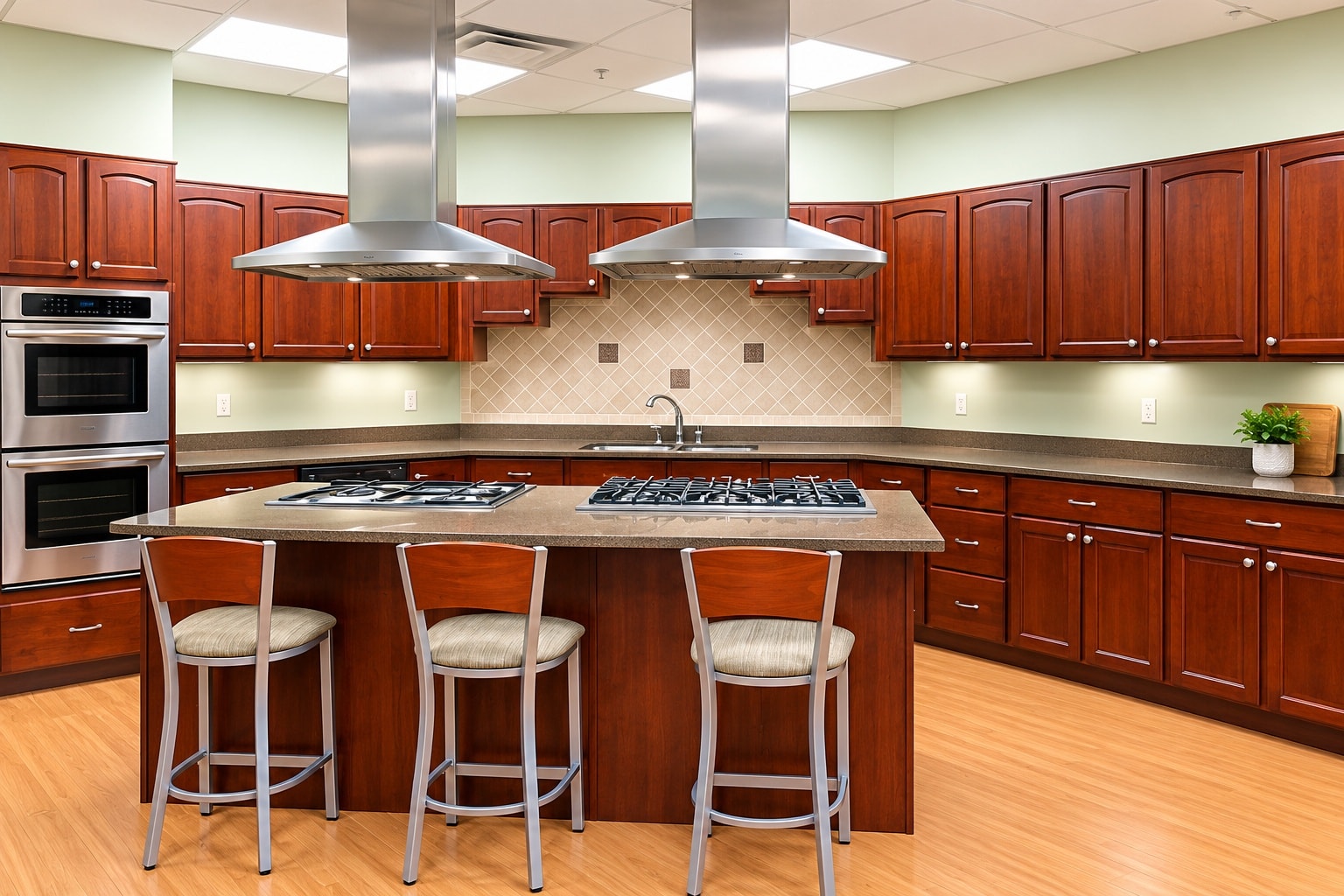 Clubhouse Kitchen with wood cabinets and island