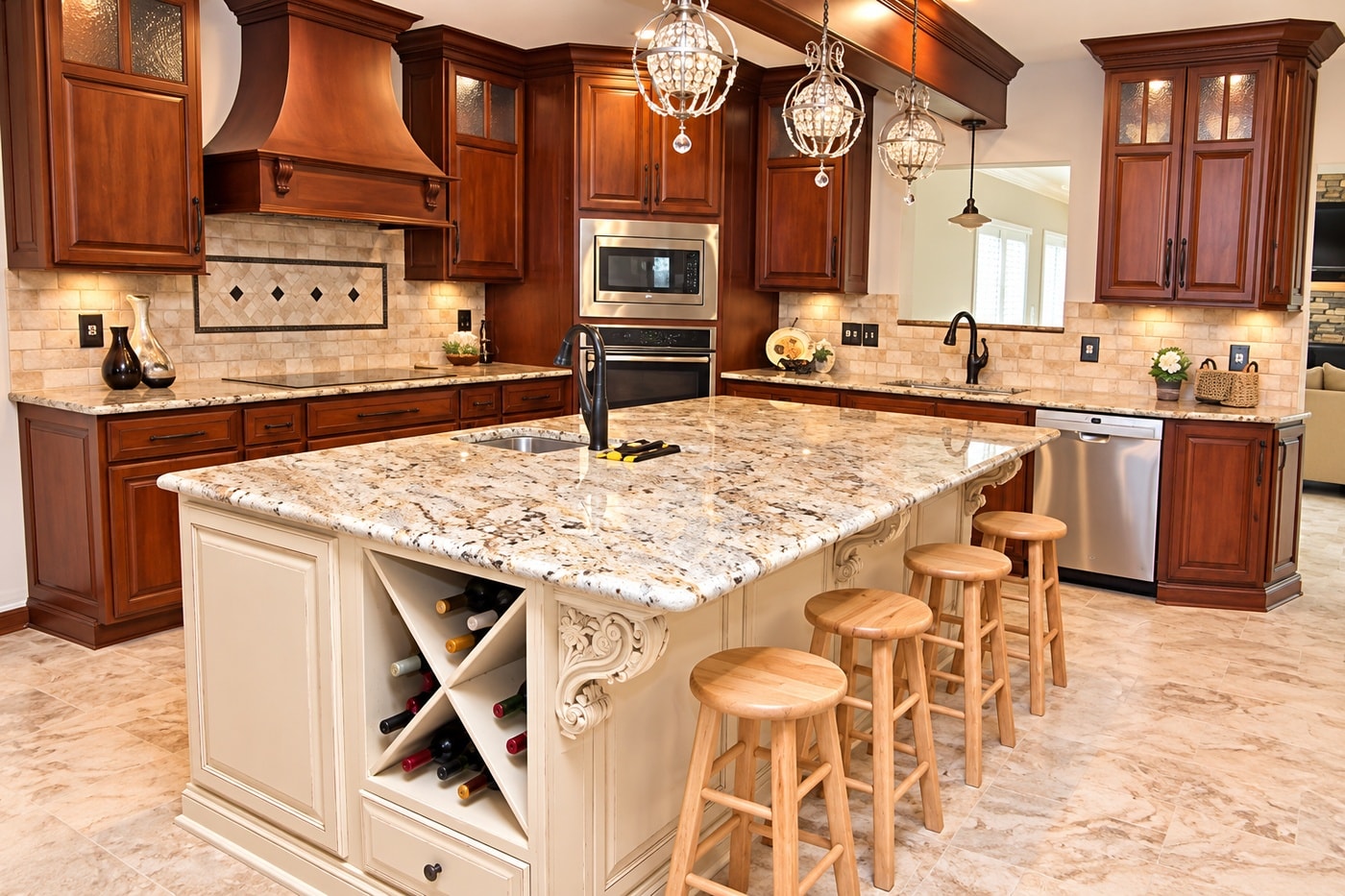 Luxury kitchen island with granite countertop