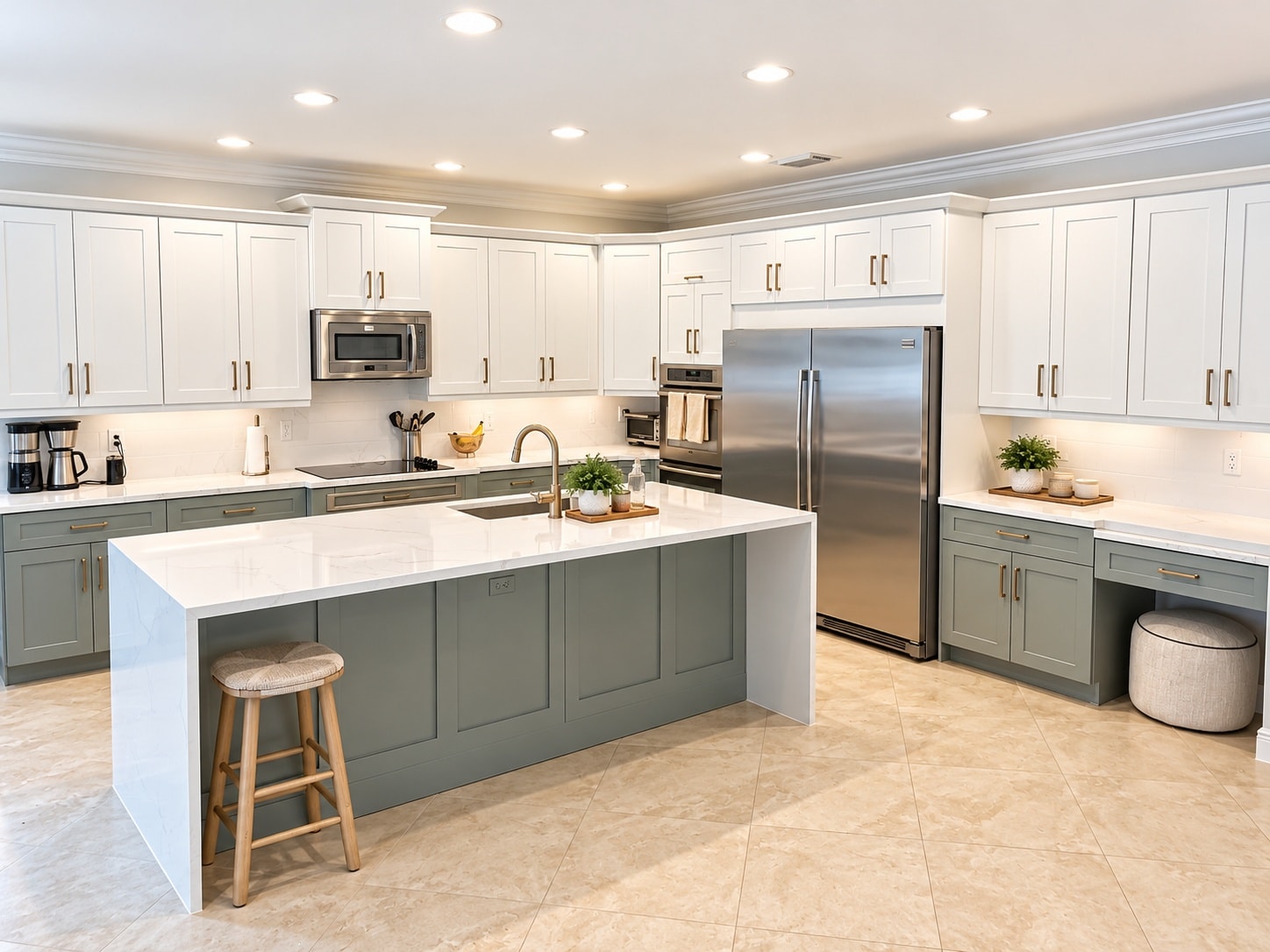 Modern kitchen white cabinets island stainless steel