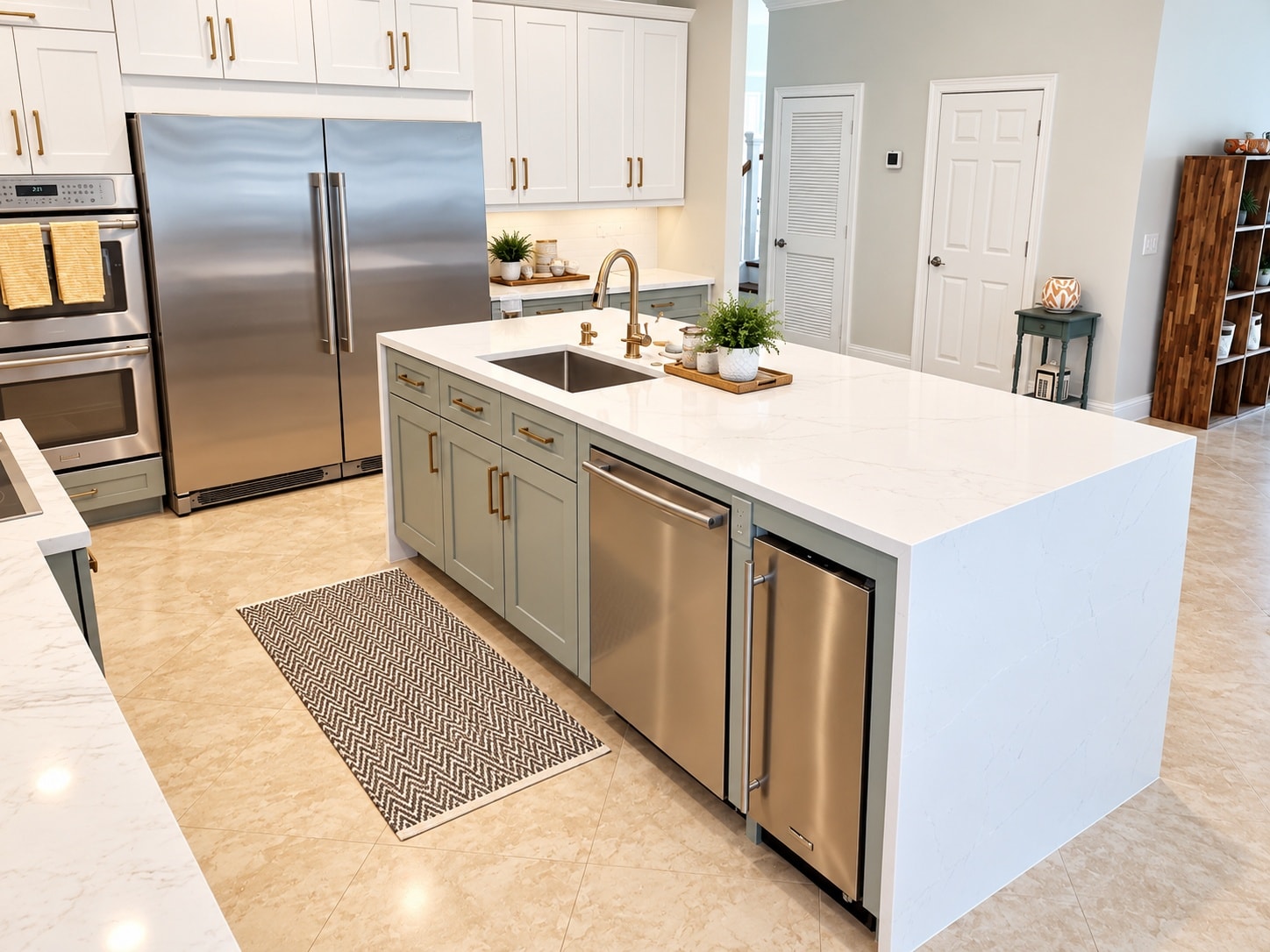 Modern kitchen with white cabinetry and island