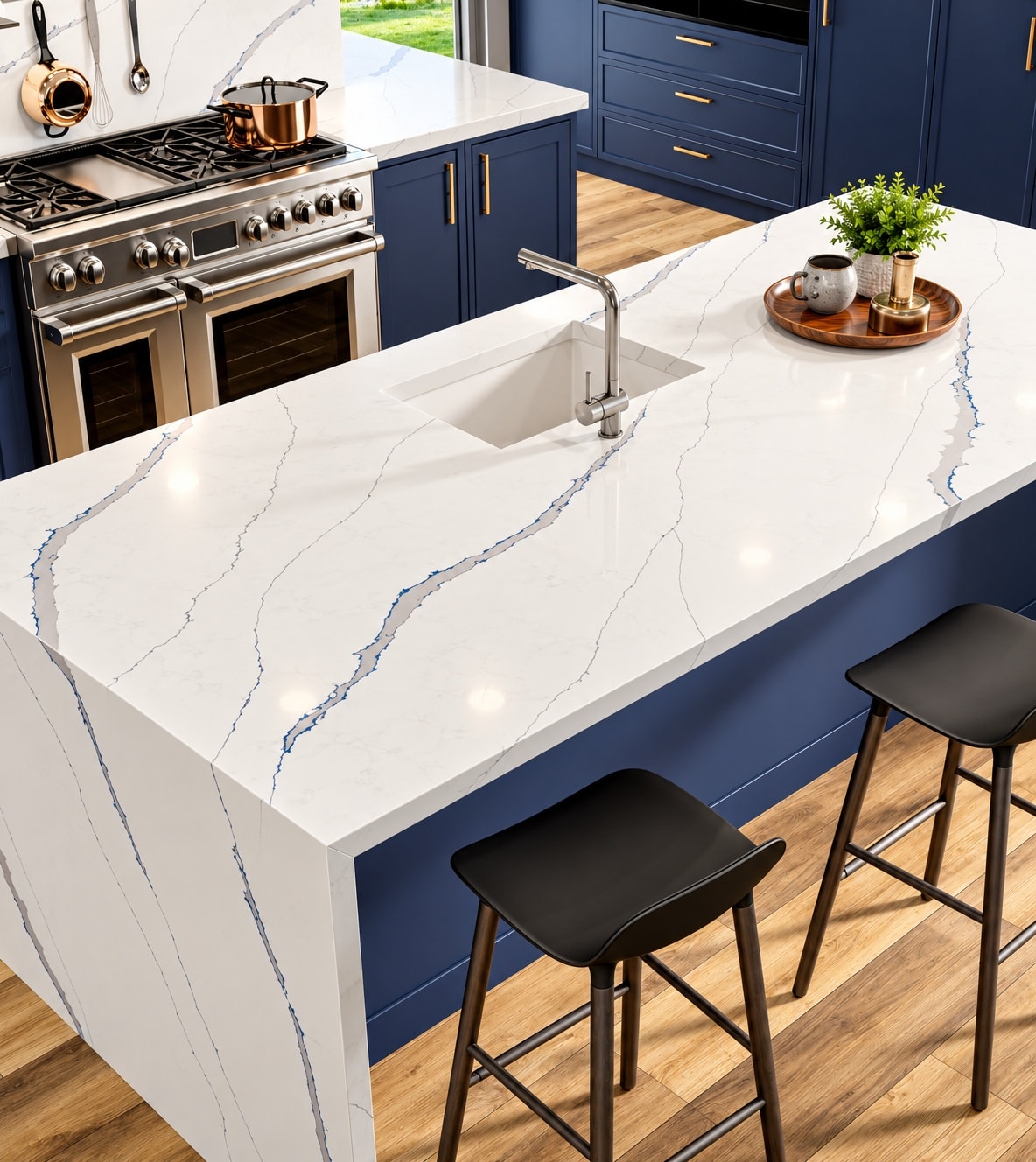 Navy kitchen with quartz island and brass accents