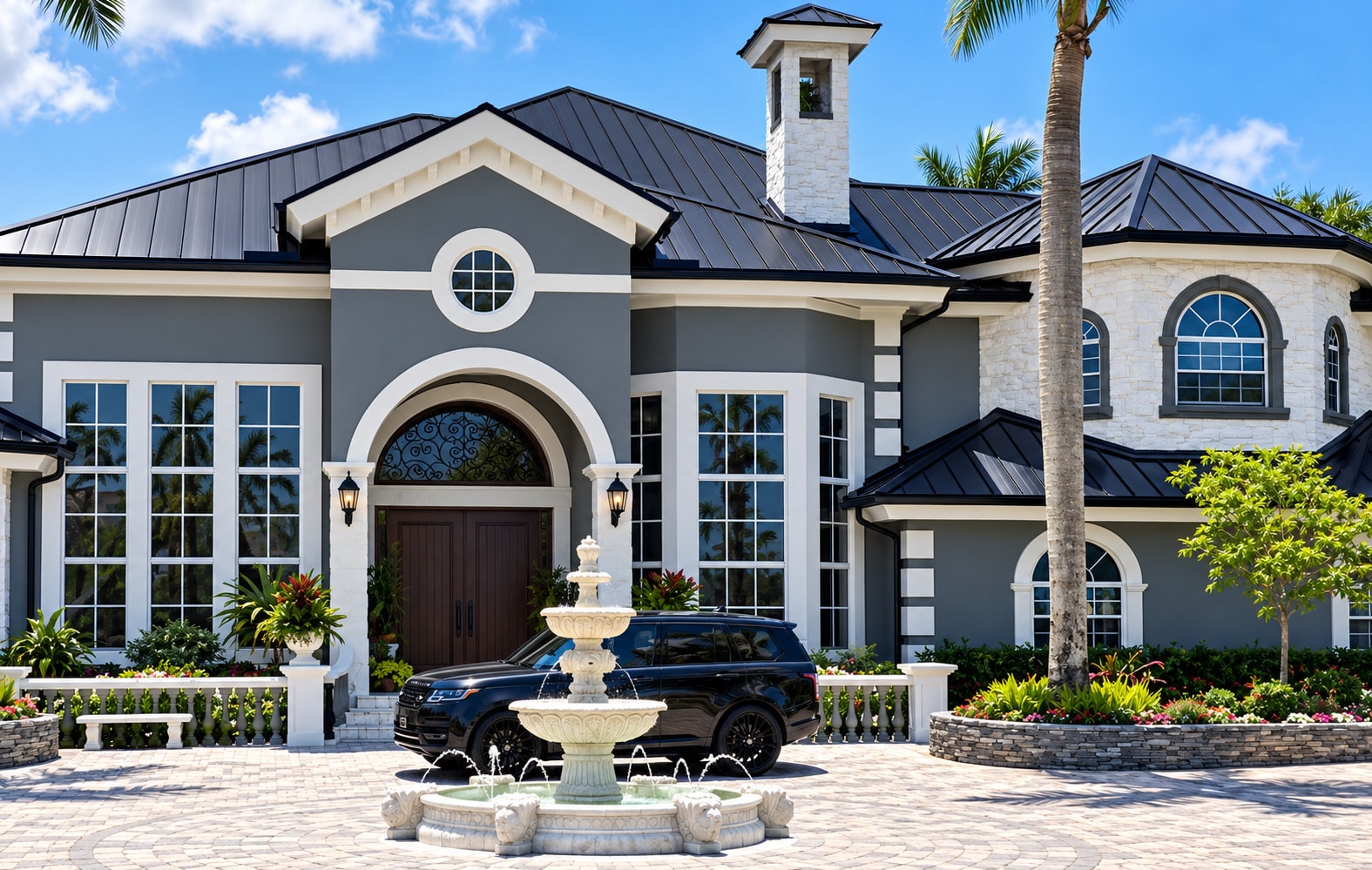 Luxury home with black standing seam metal roof and fountain