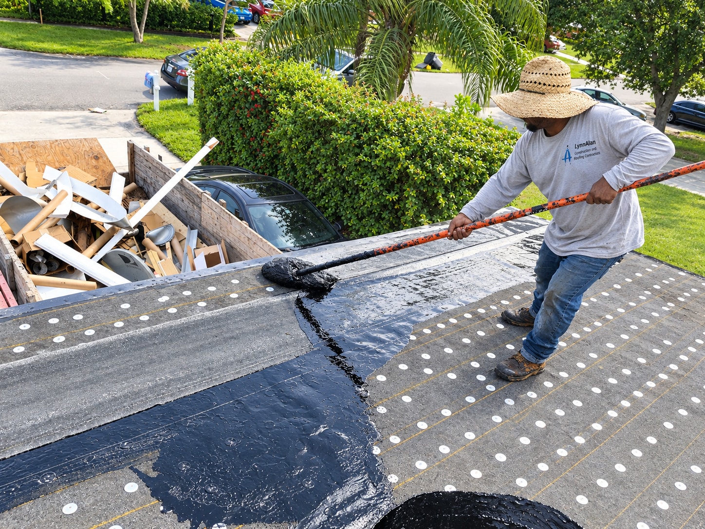 LynnAlan crew member applying roofing underlayment sealant