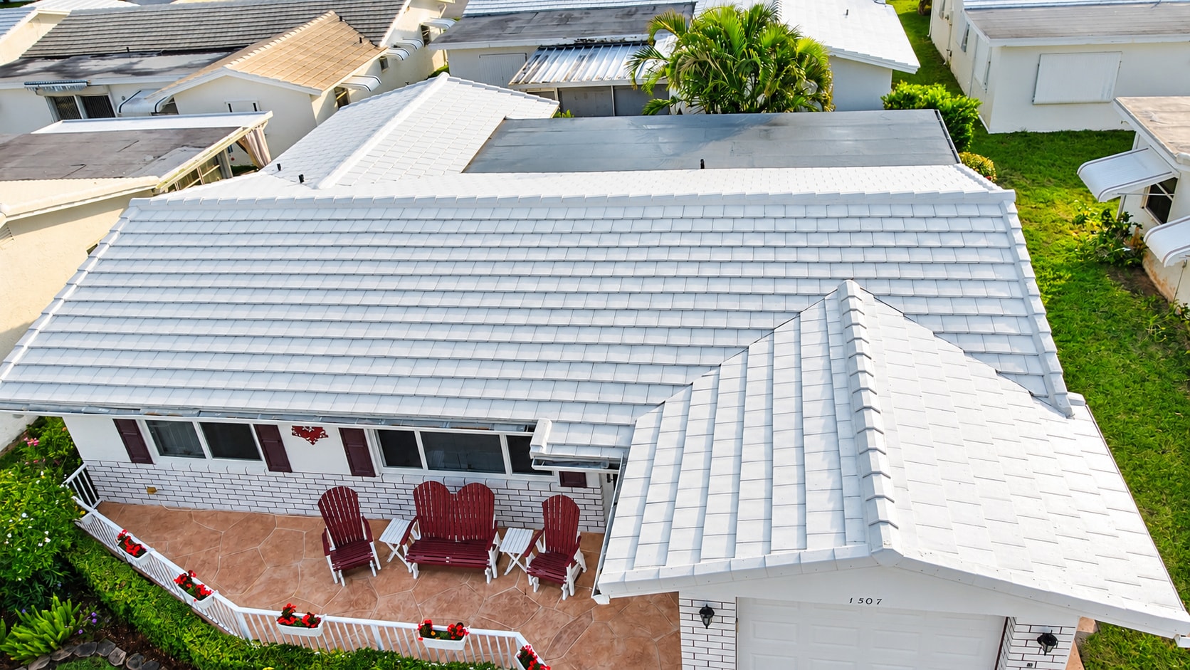 Aerial view of white tile roof on residential home