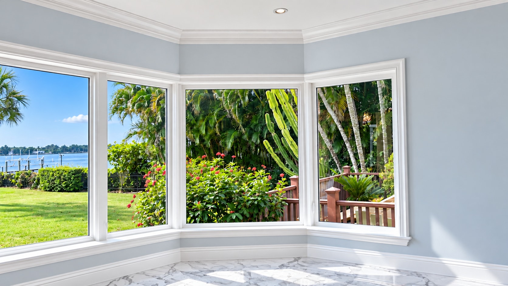 Bay windows with waterfront garden view