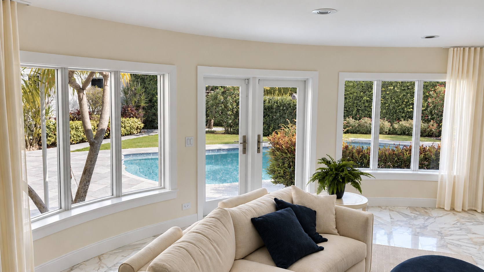 Sunroom with large windows and glass doors overlooking pool
