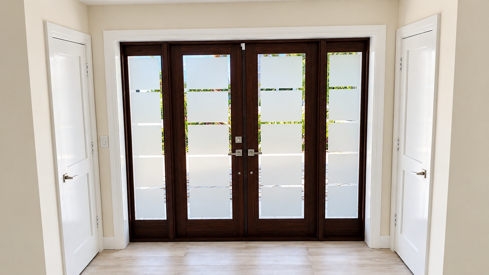 Dark wood entry doors with frosted glass panels and sidelights