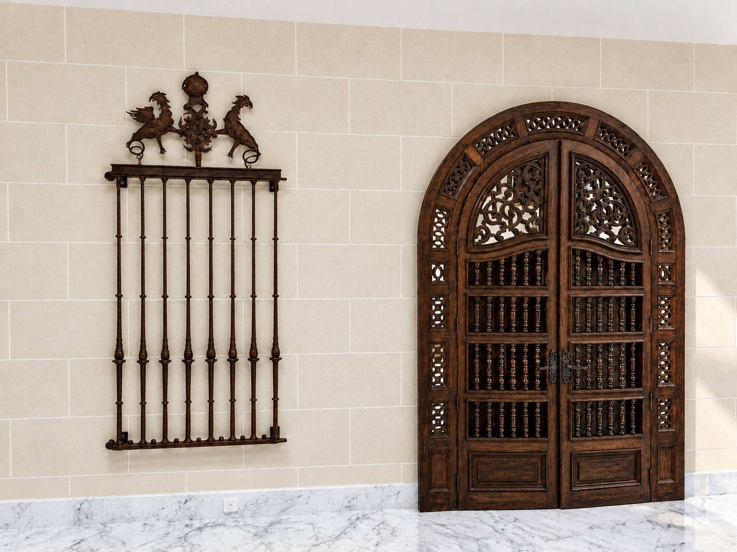 Ornate arched wooden door with carved detailing
