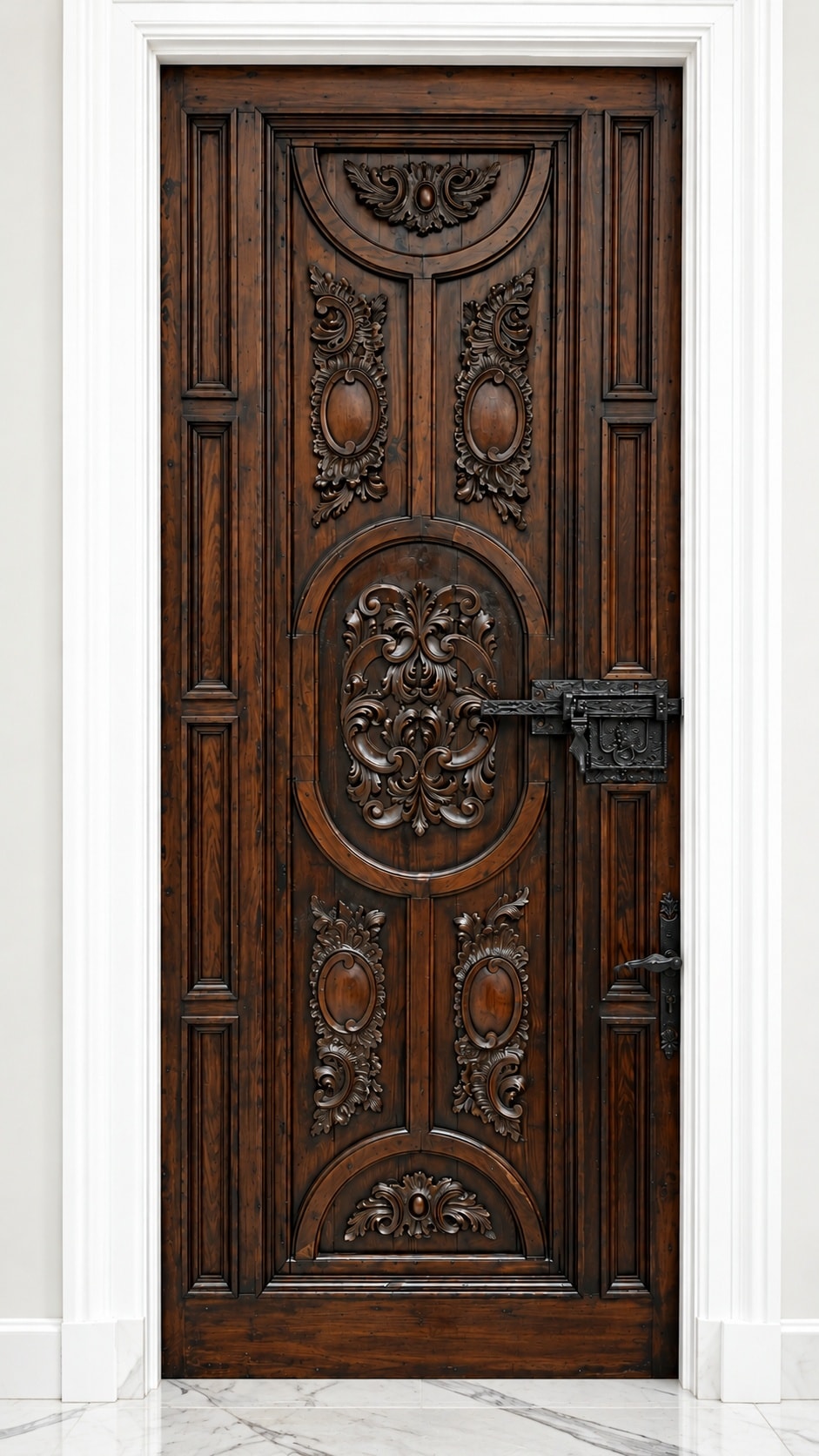 Ornately carved solid wood door with classical detailing