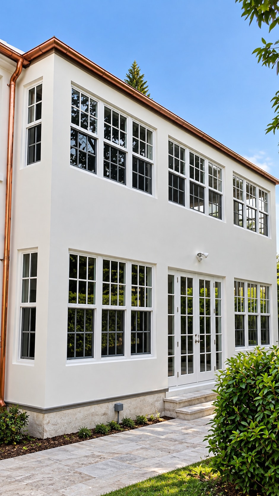 Modern home exterior with multi-pane windows and copper gutters